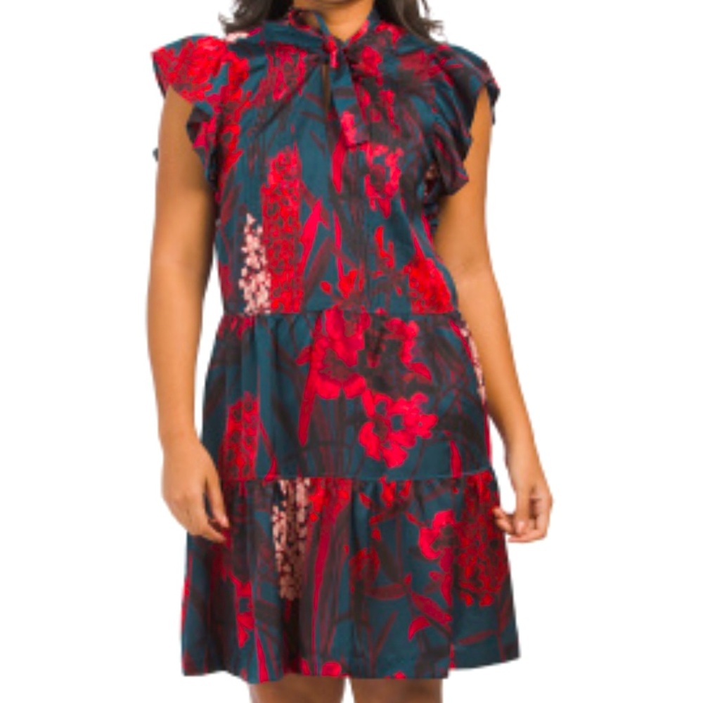 Tommy Hilfiger Floral Ruffle Sleeve Tie-Neck Dress